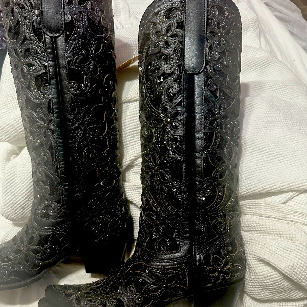 Corral Tall Boots! Beautiful black leather cut outs with sequins in the inlay.